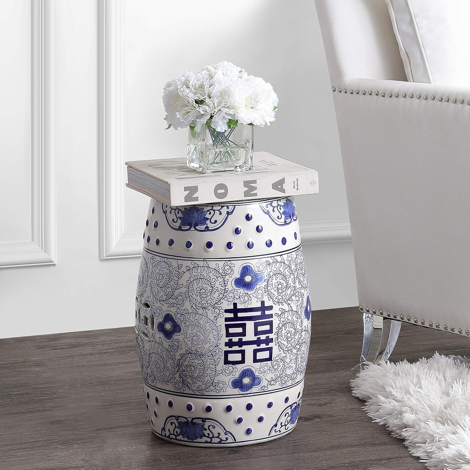 JONATHAN Y Double Happiness 18" Ceramic Garden Stool, Traditional Chinoiserie Blue and White Indoor/Outdoor Patio Drum Accent Side Table and Plant Stand TBL1013A