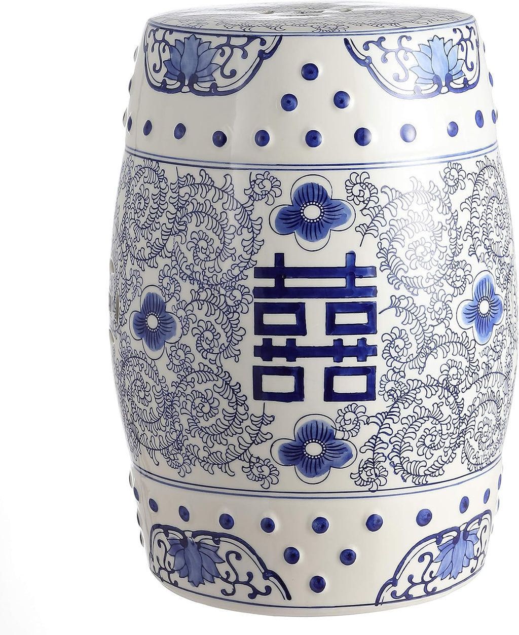 JONATHAN Y Double Happiness 18" Ceramic Garden Stool, Traditional Chinoiserie Blue and White Indoor/Outdoor Patio Drum Accent Side Table and Plant Stand TBL1013A
