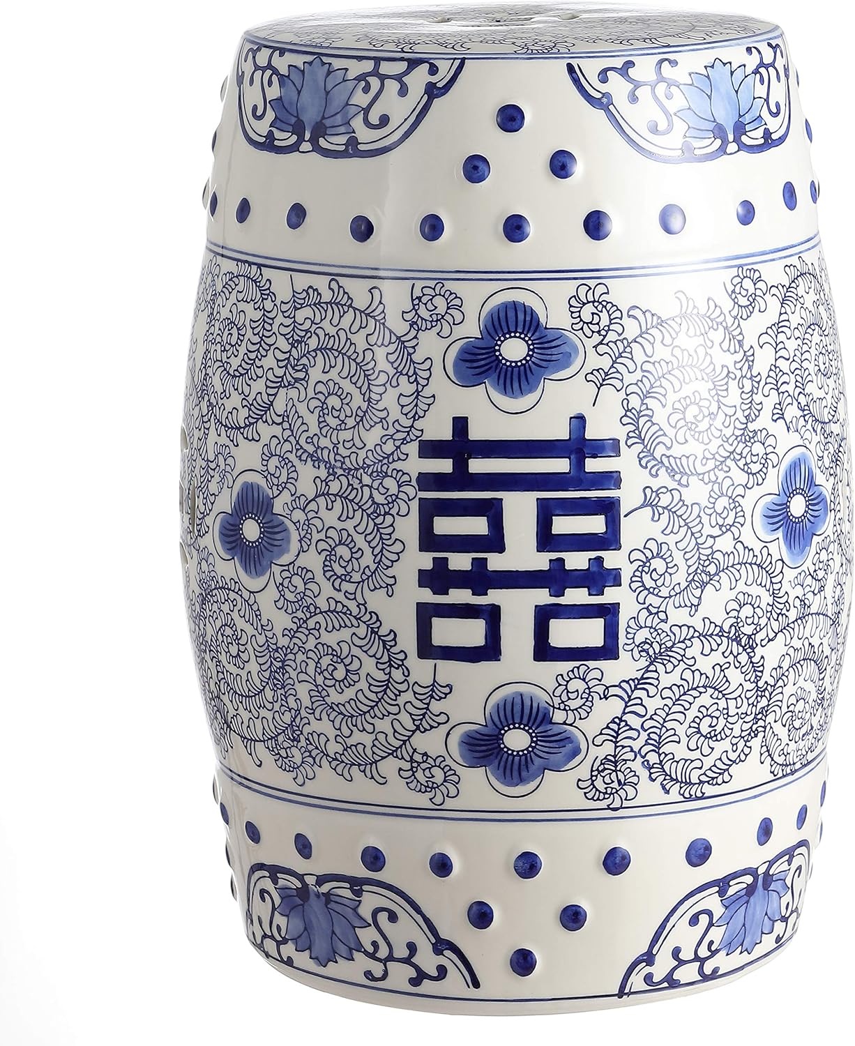 JONATHAN Y Double Happiness 18" Ceramic Garden Stool, Traditional Chinoiserie Blue and White Indoor/Outdoor Patio Drum Accent Side Table and Plant Stand TBL1013A