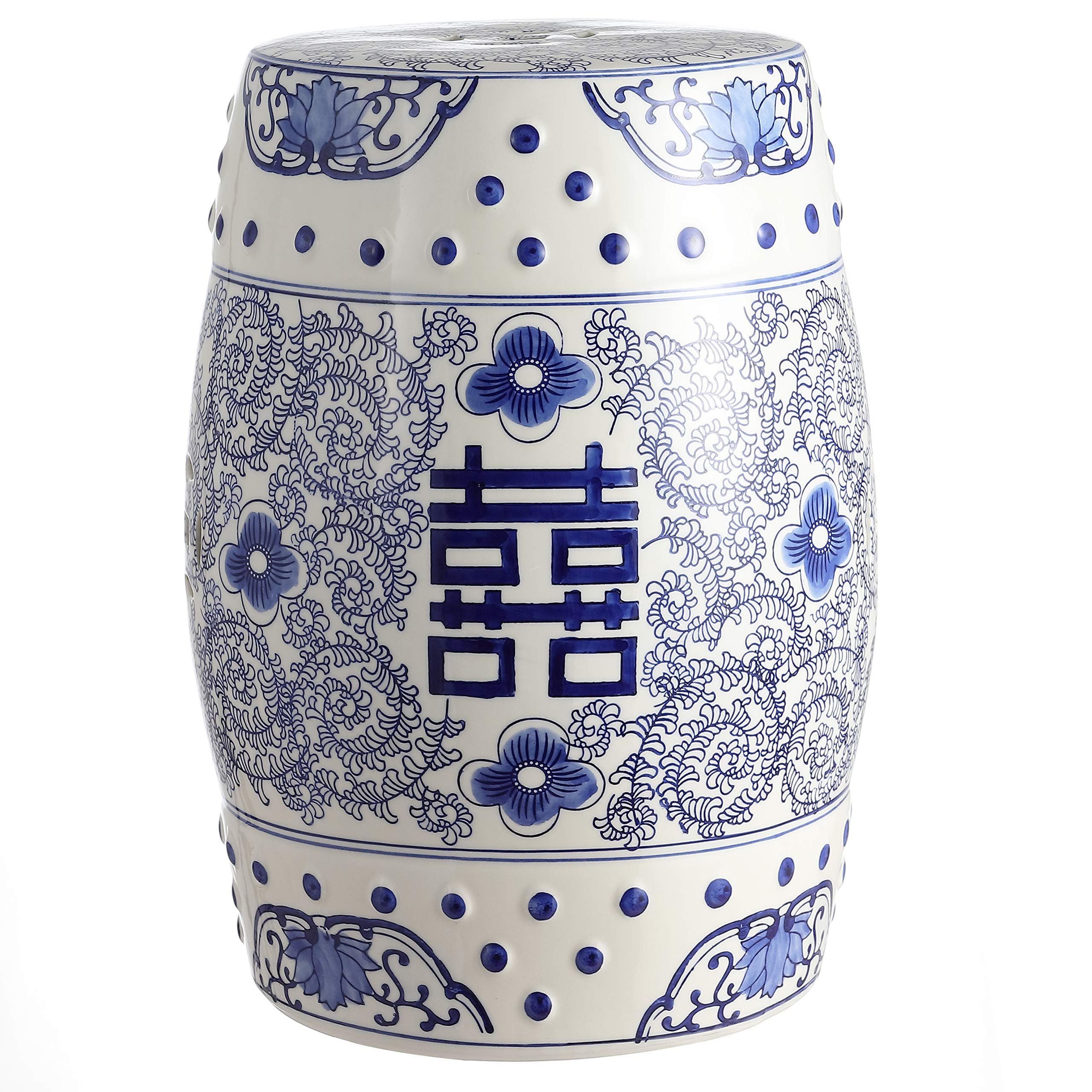 JONATHAN Y Double Happiness 18" Ceramic Garden Stool, Traditional Chinoiserie Blue and White Indoor/Outdoor Patio Drum Accent Side Table and Plant Stand TBL1013A