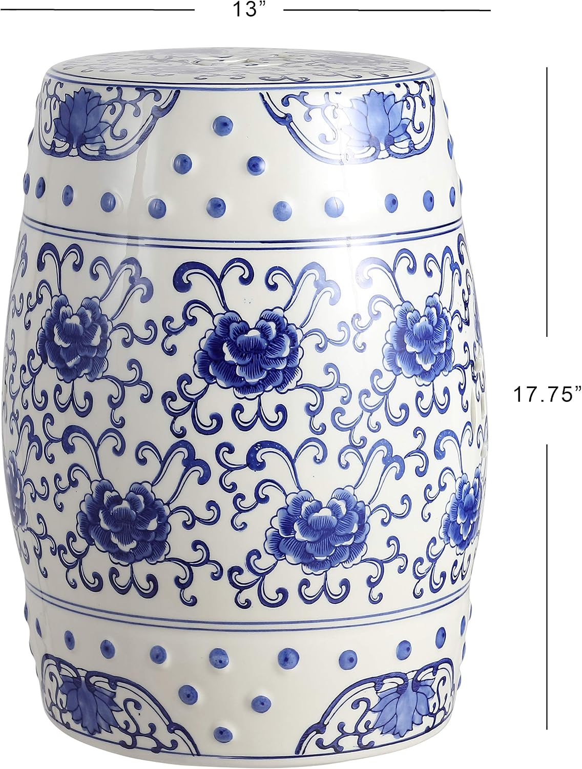 JONATHAN Y Lotus Flower 17.75" Chinoiserie Ceramic Drum Indoor/Outdoor Garden Stool, Traditional Floral Side Table, Plant Stand for Patio, Living Room, Blue/White TBL1000A