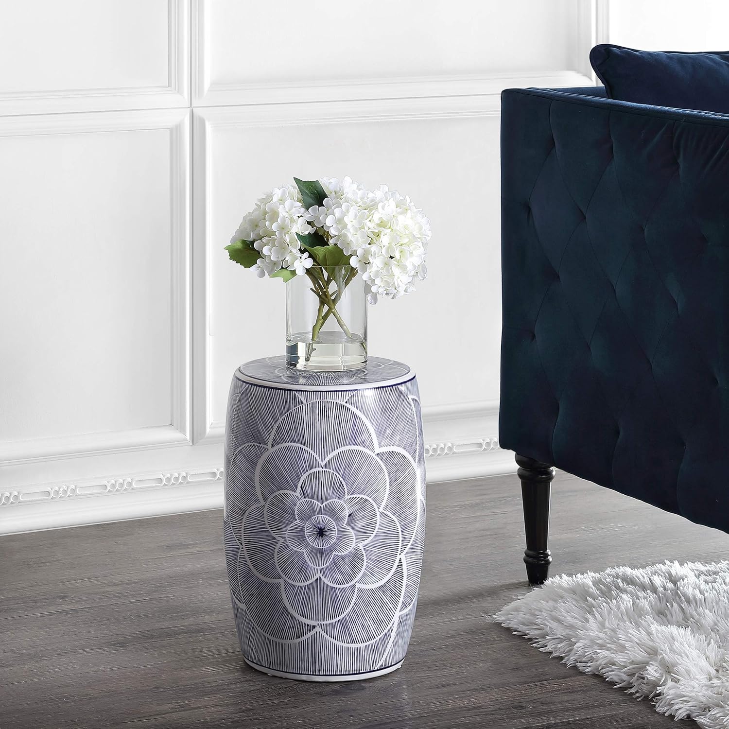 JONATHAN Y Camellia 17" Ceramic Drum Garden Stool, Traditional Blue Floral Chinoiserie Indoor/Outdoor Patio Side Table, Pierced Accent Seat, Plant Stand, Coastal, Blue/White TBL1005A