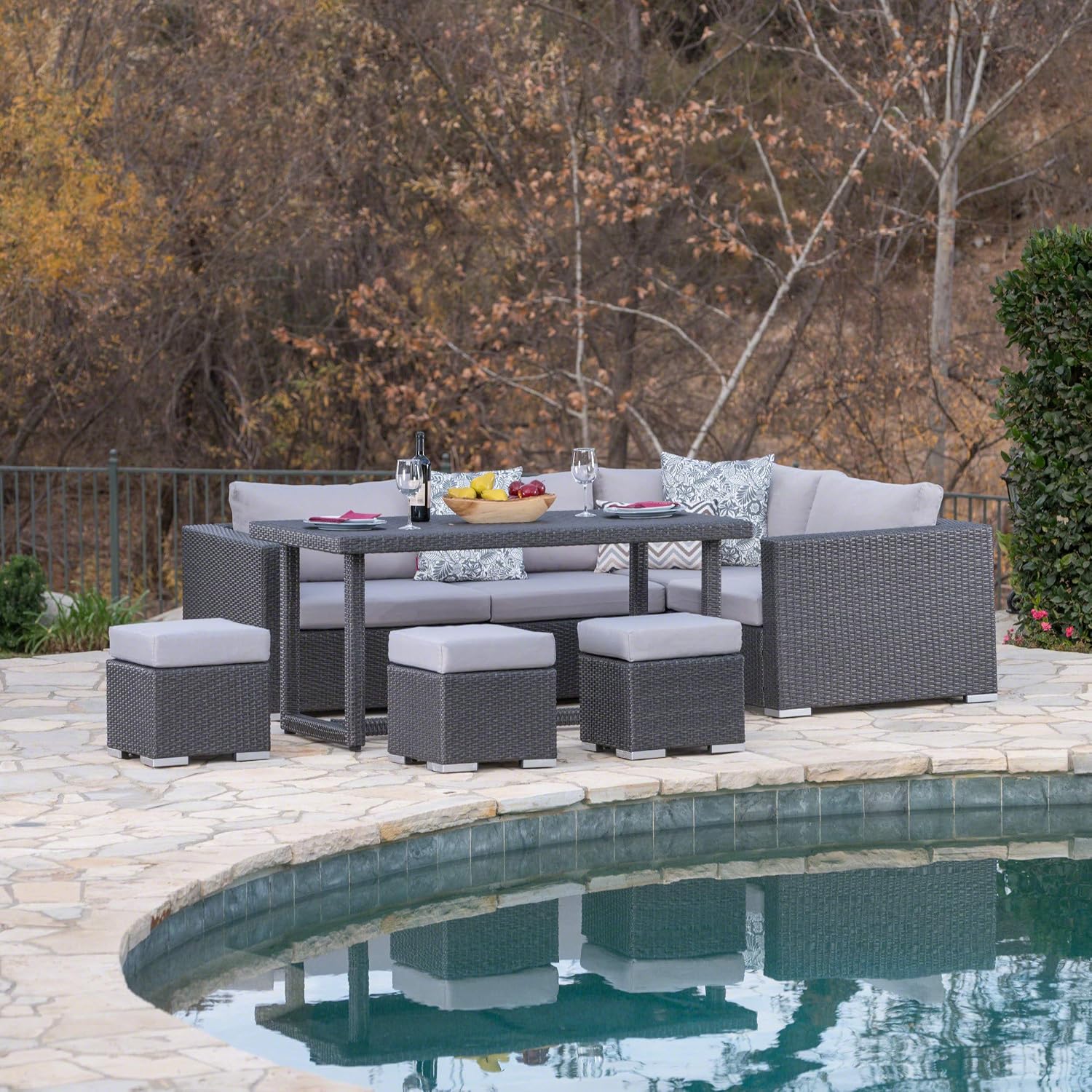 Christopher Knight Home Santa Rosa Outdoor 7-Seater Dining Sofa and Ottoman Set with Aluminum Frame and Water Resistant Cushions, Grey / Silver Cushions