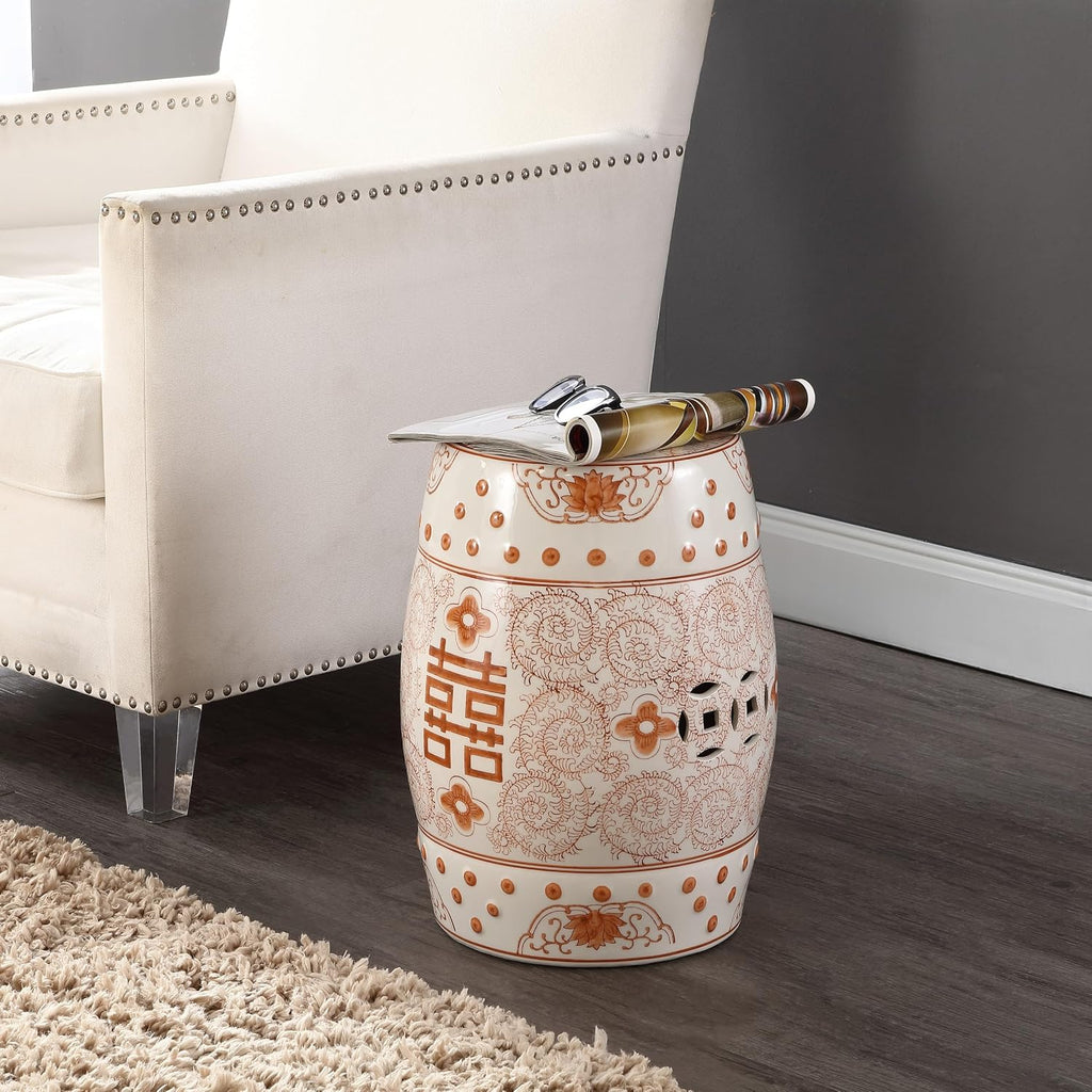 JONATHAN Y Double Happiness 18" Ceramic Garden Stool, Traditional Chinoiserie Orange and White Indoor/Outdoor Patio Drum Accent Side Table and Plant Stand TBL1013D