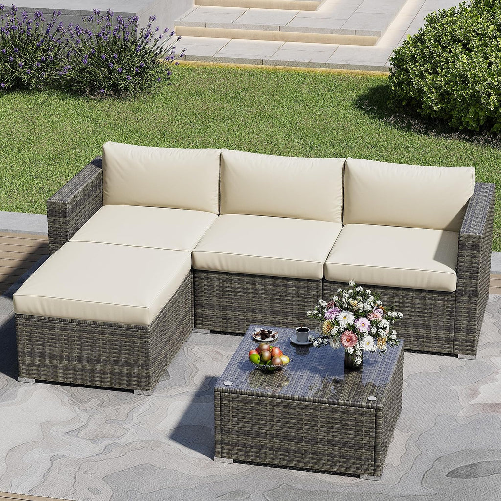 May in Color 5 Piece Outdoor Patio Sectional Furniture Set, Weather Resistant Rattan Outside Couch, Waterproof Conversation Sofa for Balcony, Porch, Backyard, Deck, Garden,Beige