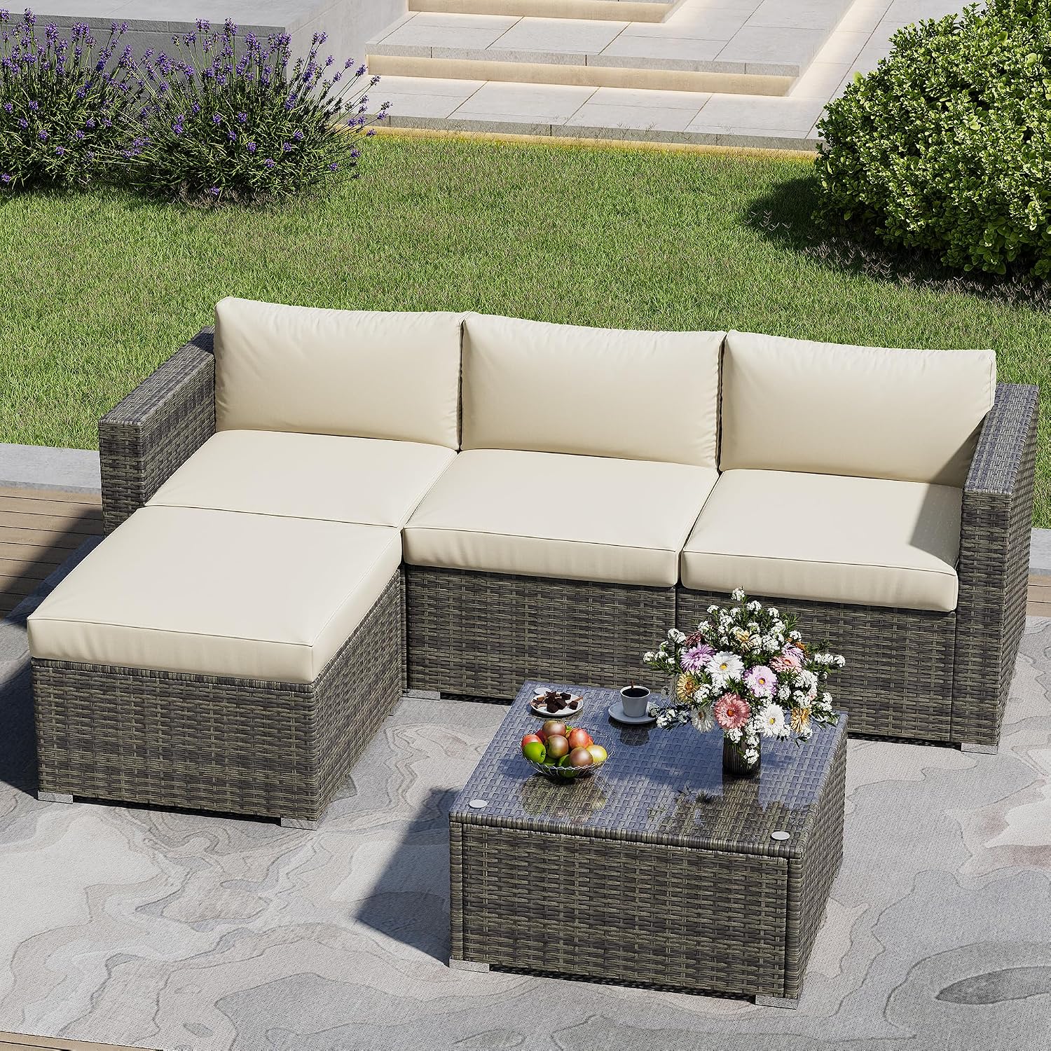 May in Color 5 Piece Outdoor Patio Sectional Furniture Set, Weather Resistant Rattan Outside Couch, Waterproof Conversation Sofa for Balcony, Porch, Backyard, Deck, Garden,Beige