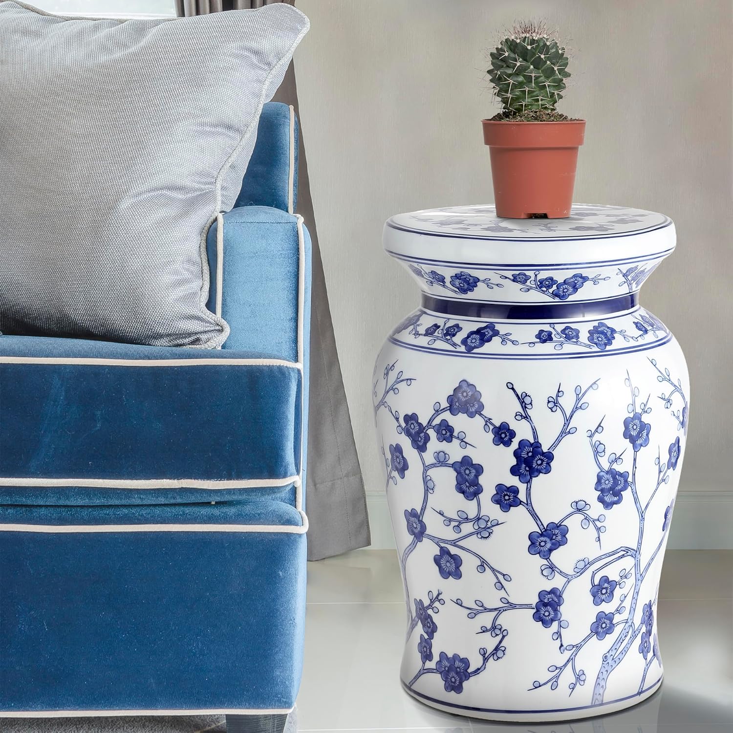 JONATHAN Y Cherry Blossom 18" Ceramic Chinoiserie Garden Stool, Traditional Floral Accent Side Table and Plant Stand for Indoor/Outdoor Garden, Patio, Living Room, Blue/White TBL1016A