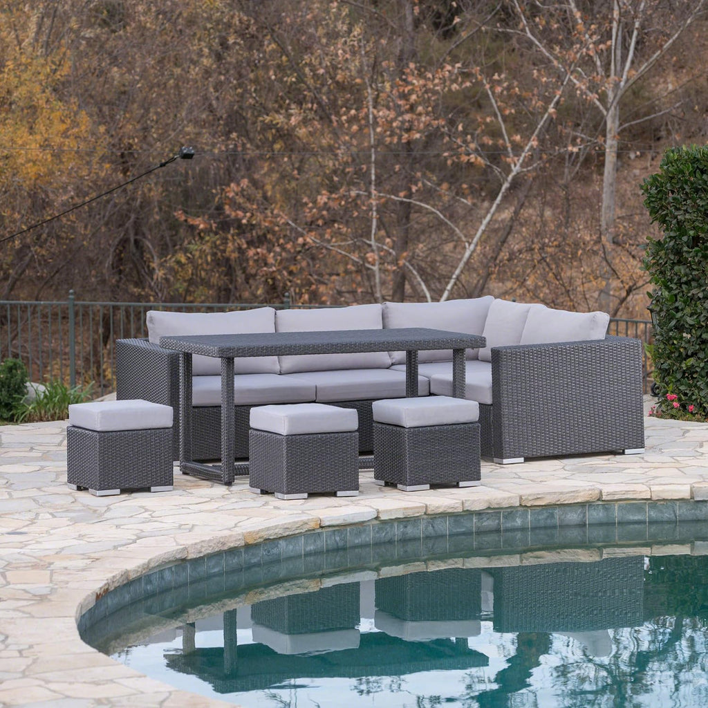 Christopher Knight Home Santa Rosa Outdoor 7-Seater Dining Sofa and Ottoman Set with Aluminum Frame and Water Resistant Cushions, Grey / Silver Cushions