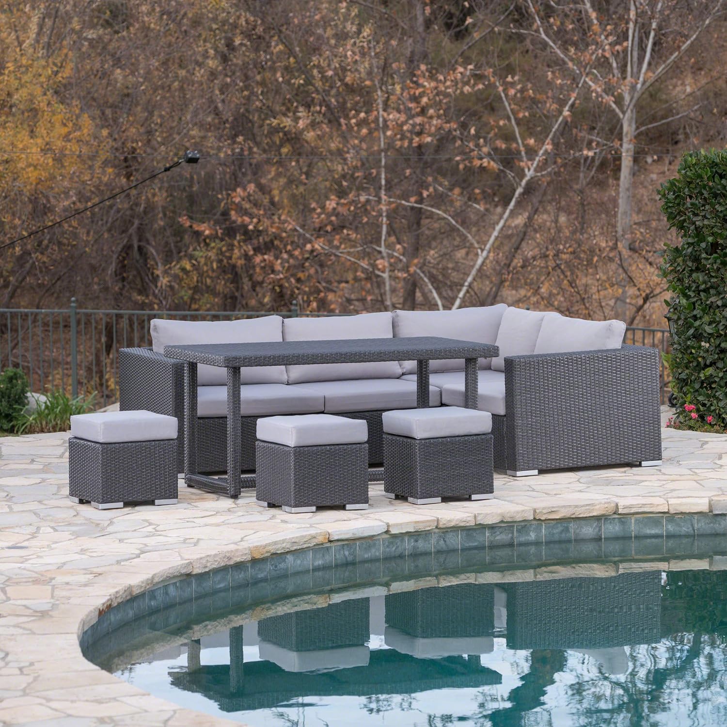 Christopher Knight Home Santa Rosa Outdoor 7-Seater Dining Sofa and Ottoman Set with Aluminum Frame and Water Resistant Cushions, Grey / Silver Cushions