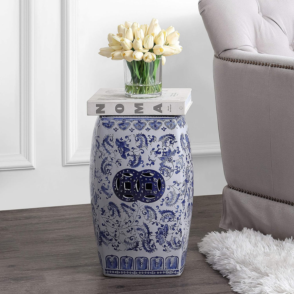 JONATHAN Y Floral Vine 18.5" Chinoiserie Ceramic Drum Indoor/Outdoor Garden Stool, Traditional, Side Table, Plant Stand, for Patio, Living Room, Blue/White TBL1011A