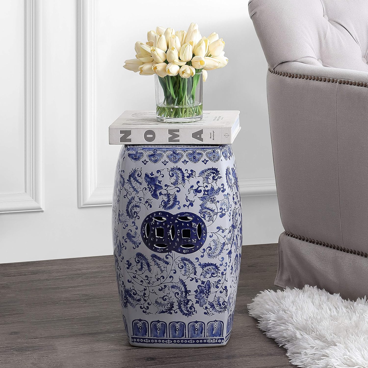 JONATHAN Y Floral Vine 18.5" Chinoiserie Ceramic Drum Indoor/Outdoor Garden Stool, Traditional, Side Table, Plant Stand, for Patio, Living Room, Blue/White TBL1011A