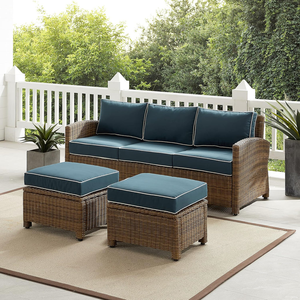 Crosley Furniture Bradenton 3-Piece Outdoor Sofa Patio Furniture Set, Wicker Conversation Sets for Porch, Brown with Navy Cushions