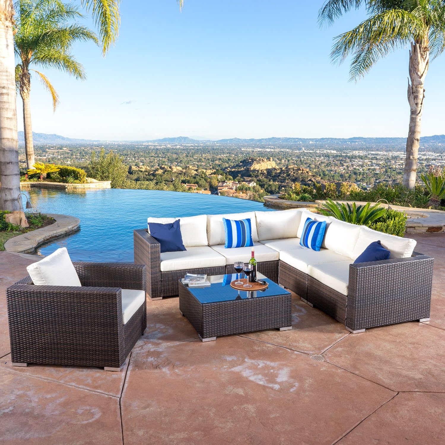 Christopher Knight Home Santa Rosa Outdoor Wicker 6-Seater Sectional Sofa Set with Aluminum Frame and Water Resistant Cushions, 7-Pcs Set, Multibrown / Beige
